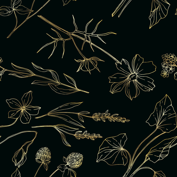 Vector wildflower floral botanical flowers. Black and white engraved ink art. Seamless background pattern. - Vecteur, image