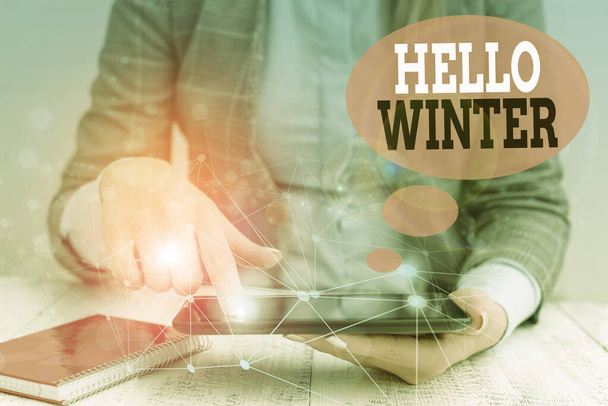 Text sign showing Hello Winter. Conceptual photo coldest season of the year in polar and temperate zones Female human wear formal work suit presenting presentation use smart device. - Fotoğraf, Görsel