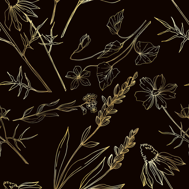 Vector wildflower floral botanical flowers. Black and white engraved ink art. Seamless background pattern. - Vettoriali, immagini