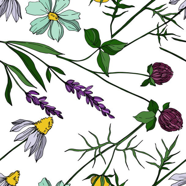 Vector wildflower floral botanical flowers. Black and white engraved ink art. Seamless background pattern. - ベクター画像