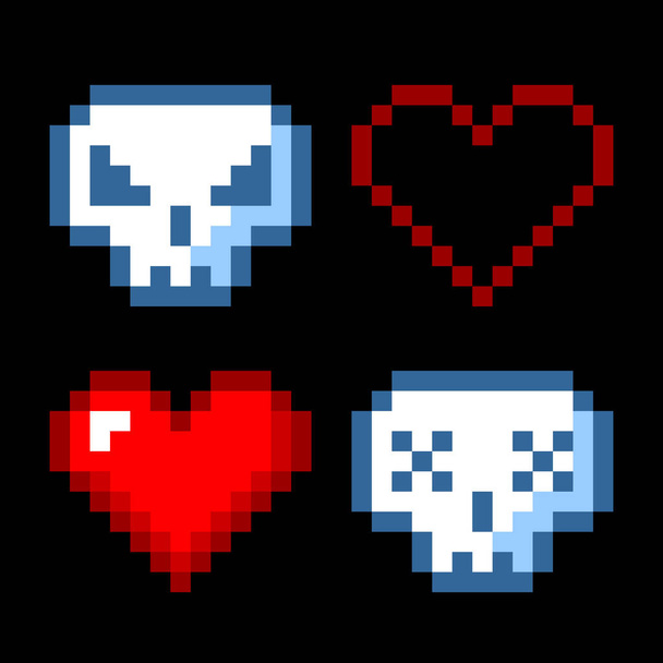 Set of minimalistic pixel art vector objects isolated game 8 bit style graphic symbols group collection skull and heart - Vettoriali, immagini