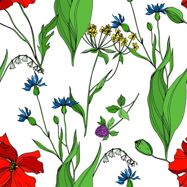 Vector Wildflowers floral botanical flowers. Black and white engraved ink art. Seamless background pattern. - Vektor, obrázek