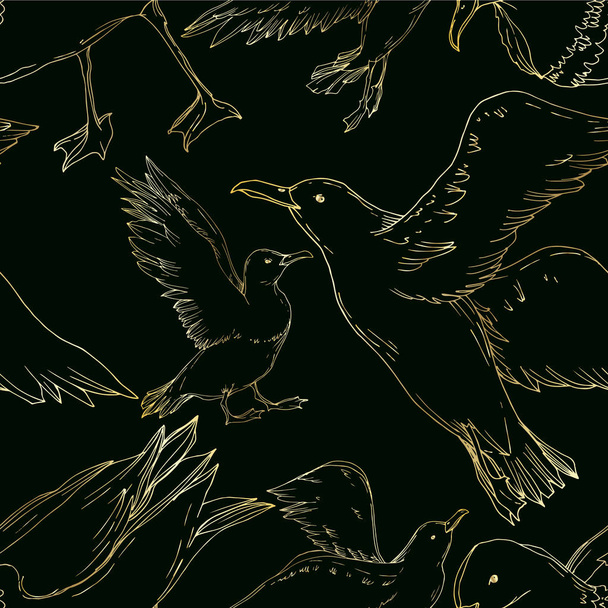 Vector Sky bird seagull isolated. Black and white engraved ink art. Seamless background pattern. - Vetor, Imagem