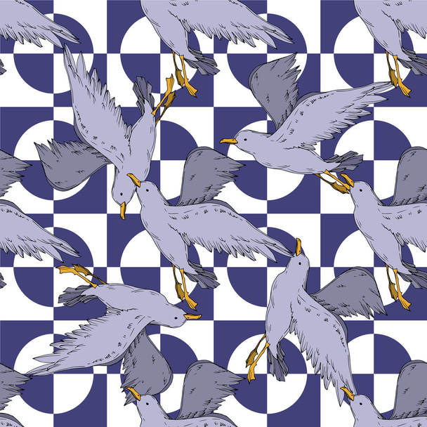 Vector Sky bird seagull isolated. Black and white engraved ink art. Seamless background pattern. - Vector, Image