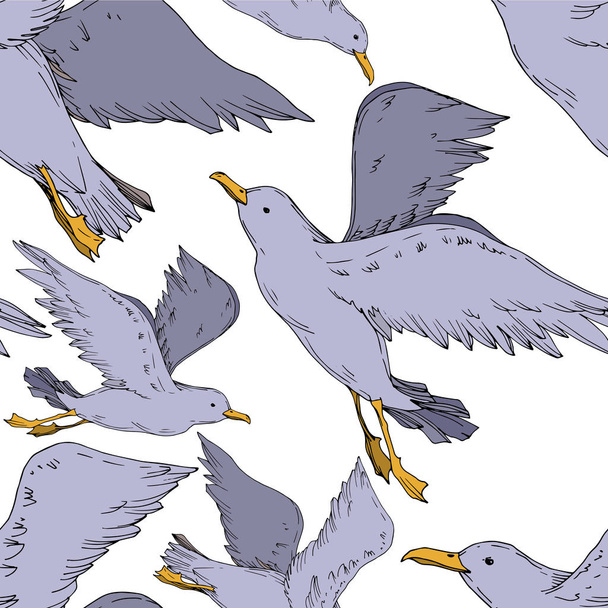 Vector Sky bird seagull isolated. Black and white engraved ink art. Seamless background pattern. - Vetor, Imagem