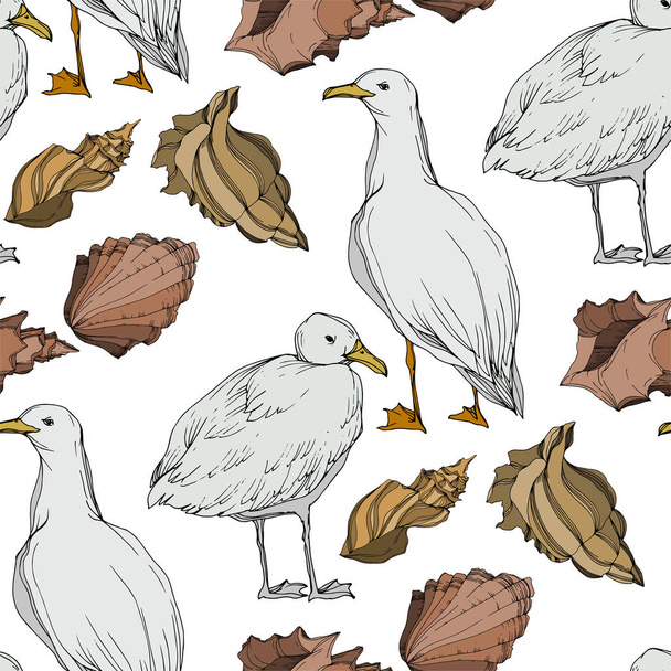 Vector Sky bird seagull in a wildlife isolated. Black and white engraved ink art. Seamless background pattern. - Wektor, obraz