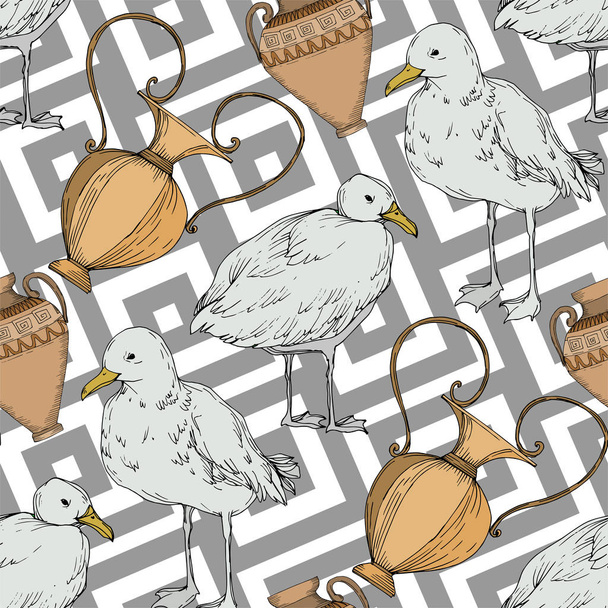 Vector Sky bird seagull in a wildlife isolated. Black and white engraved ink art. Seamless background pattern. - Vector, Image