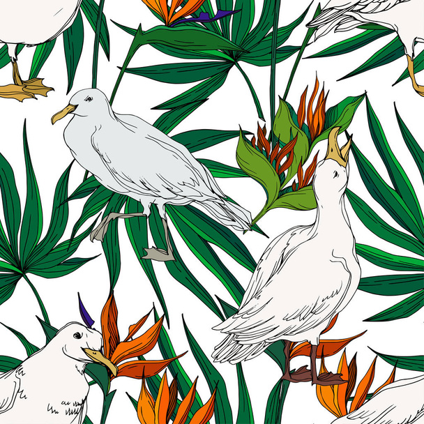 Vector Sky bird seagull in a wildlife. Black and white engraved ink art. Seamless background pattern. - Vektor, kép
