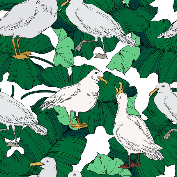 Vector Sky bird seagull in a wildlife. Black and white engraved ink art. Seamless background pattern. - ベクター画像