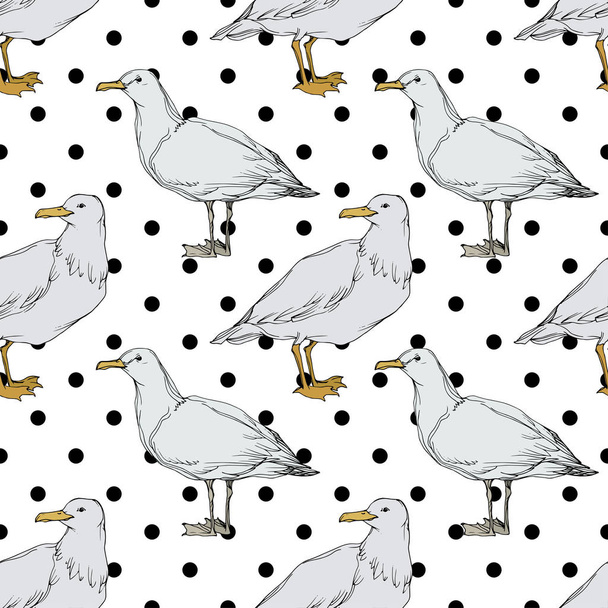 Vector Sky bird seagull in a wildlife. Black and white engraved ink art. Seamless background pattern. - Vettoriali, immagini