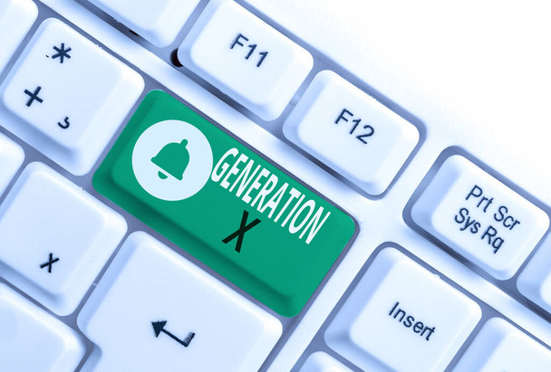 Conceptual hand writing showing Generation X. Business photo showcasing the generation that born after that of the baby boomers White pc keyboard with note paper above the white background. - Photo, Image