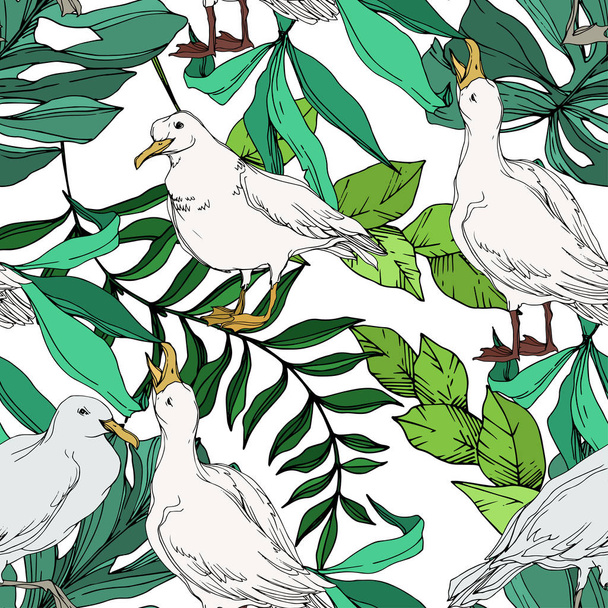 Vector Sky bird seagull in a wildlife. Black and white engraved ink art. Seamless background pattern. - Vector, Imagen