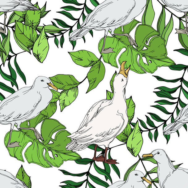 Vector Sky bird seagull in a wildlife. Black and white engraved ink art. Seamless background pattern. - Vector, imagen