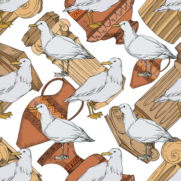 Vector Sky bird seagull in a wildlife. Black and white engraved ink art. Seamless background pattern. - Vector, Imagen
