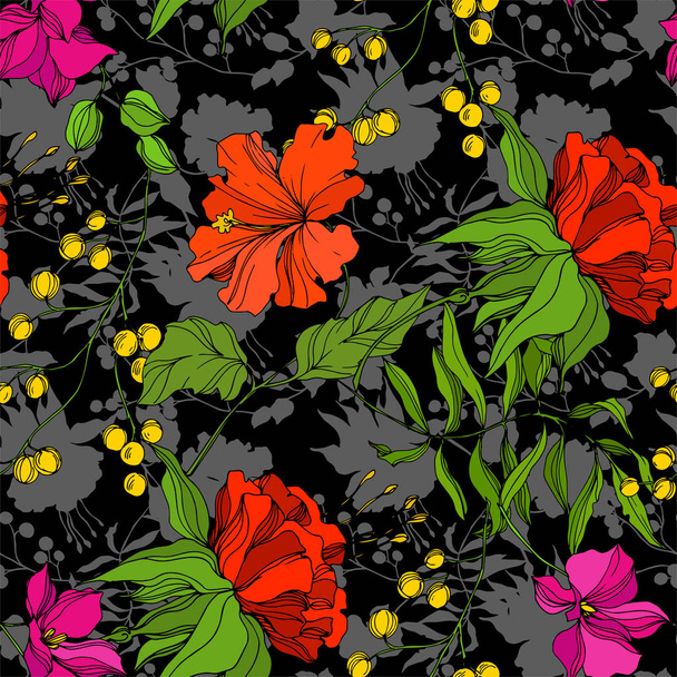 Vektor Trópusi virágos botanikus virág. Vésett tintaművészet. Zökkenőmentes háttér minta. Szövet tapéta nyomat textúra. - Vektor, kép