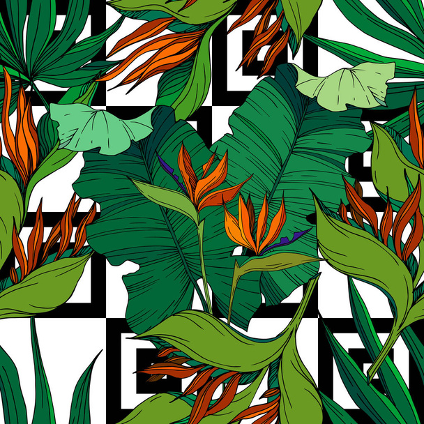 Vector Tropical floral botanical flowers. Black and white engraved ink art. Seamless background pattern. - ベクター画像