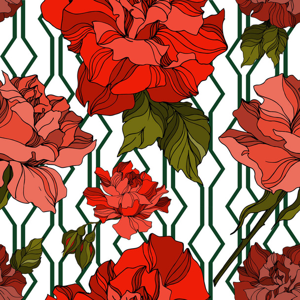Vector Rose floral botanical flowers. Black and white engraved ink art. Seamless background pattern. - Vektori, kuva