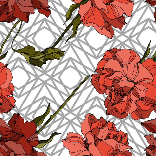 Vector Rose floral botanical flowers. Black and white engraved ink art. Seamless background pattern. - Vetor, Imagem