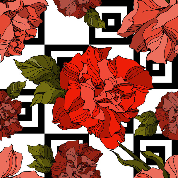 Vector Rose floral botanical flowers. Black and white engraved ink art. Seamless background pattern. - Vektor, obrázek