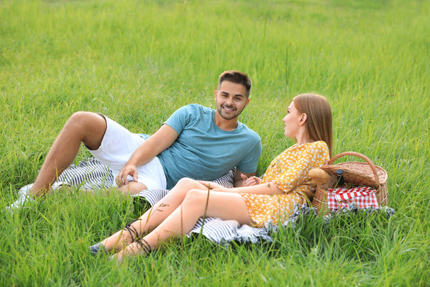 Happy young couple having picnic on green grass in park - Fotoğraf, Görsel