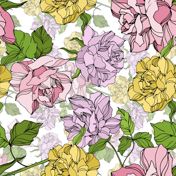 Vector Rose floral botanical flowers. Wild spring leaf wildflower. Engraved ink art. Seamless background pattern. - Vettoriali, immagini