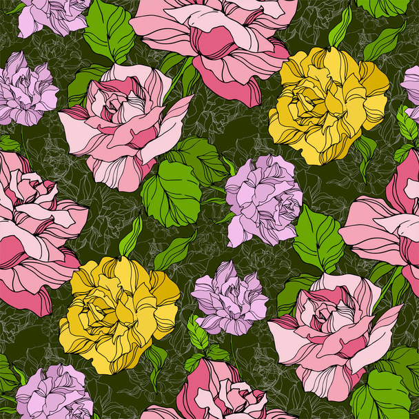 Vector Rose flores botânicas florais. Folha selvagem da primavera wildflower. Arte de tinta gravada. Padrão de fundo sem costura
. - Vetor, Imagem