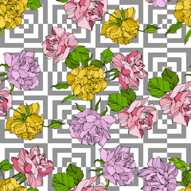 Vector Rose floral botanical flowers. Wild spring leaf wildflower. Engraved ink art. Seamless background pattern. - Vector, Image