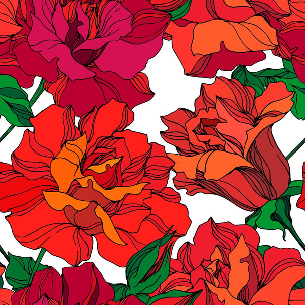 Vector Rose floral botanical flowers. Green and red engraved ink art. Seamless background pattern. - Vector, Image