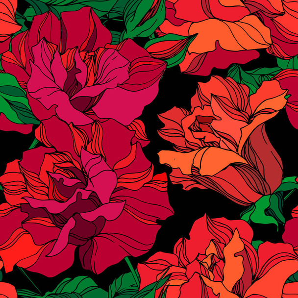 Vector Rose bloemen botanische bloemen. Groene en rode gegraveerde inkt kunst. Naadloze achtergrond patroon. - Vector, afbeelding