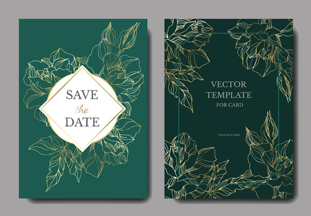 Vector Rose floral botanical flowers. Green and golden engraved ink art. Wedding background card decorative border. - Vector, Image