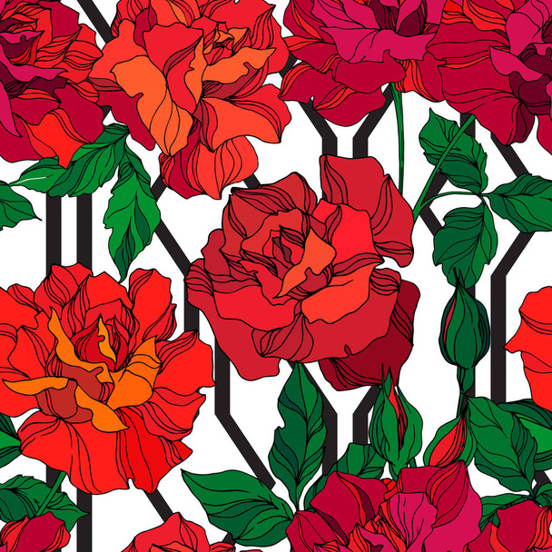 Vector Rose floral botanical flowers. Green and red engraved ink art. Seamless background pattern. - Вектор, зображення