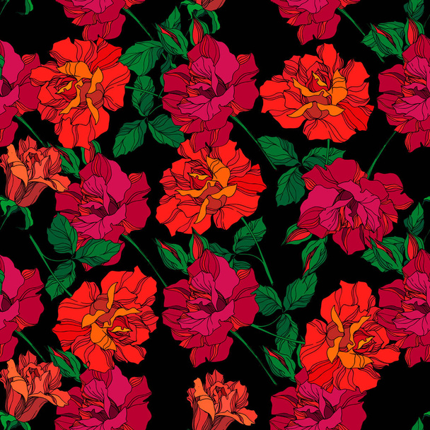 Vektor Rose virágos botanikai virágok. Zöld és piros vésett tinta művészet. Zökkenőmentes háttér minta. - Vektor, kép