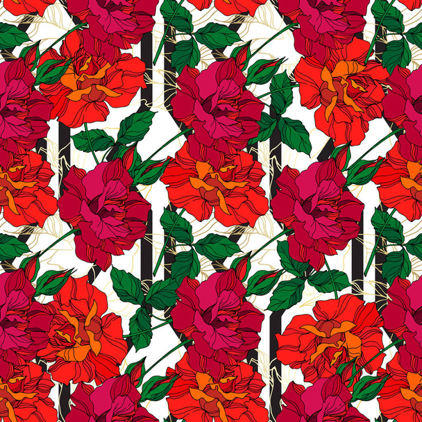 Vector Rose floral botanical flowers. Green and red engraved ink art. Seamless background pattern. - Διάνυσμα, εικόνα