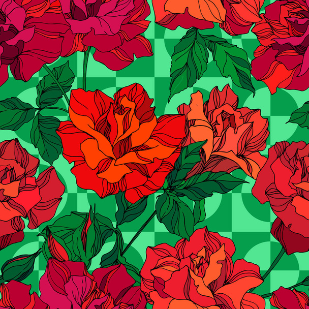 Vector Rose floral botanical flowers. Green and red engraved ink art. Seamless background pattern. - Vector, Image