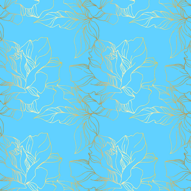 Vector Rose floral botanical flowers. Blue and gold engraved ink art. Seamless background pattern. - Vector, Image