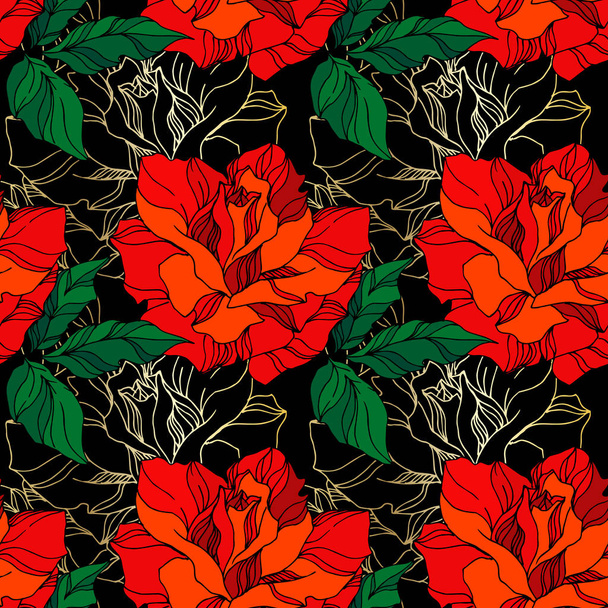Διάνυσμα τριαντάφυλλο λουλούδια βοτανικό. Πράσινο και κόκκινο χαραγμένο μελάνι τέχνης. Χωρίς ραφή μοτίβο φόντου. - Διάνυσμα, εικόνα