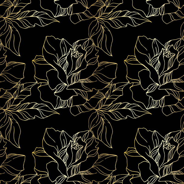 Vector Rose floral botanical flowers. Black and gold engraved ink art. Seamless background pattern. - Vector, Image