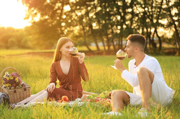 Young man and his girlfriend having picnic in green park - Foto, Bild