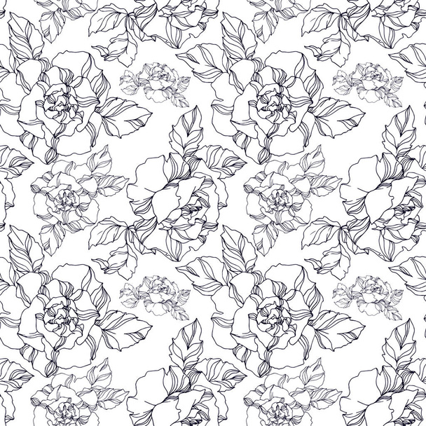 Vector Roses floral botanical flowers. Black and white engraved ink art. Seamless background pattern. - Διάνυσμα, εικόνα