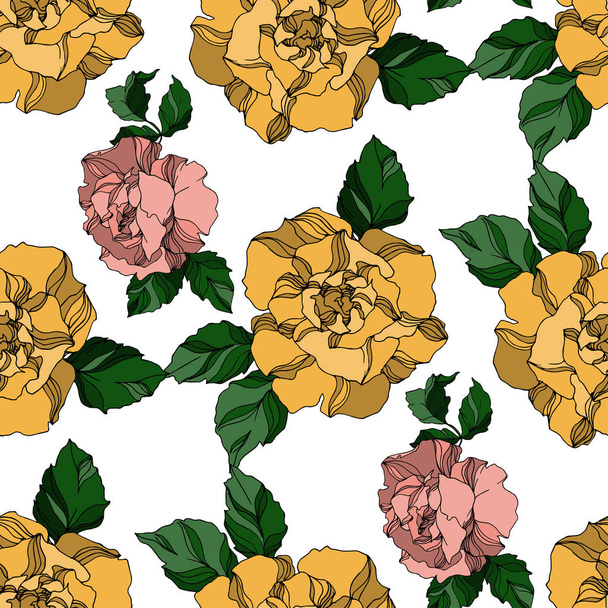 Vector Roses floral botanical flowers. Black and white engraved ink art. Seamless background pattern. - Vettoriali, immagini