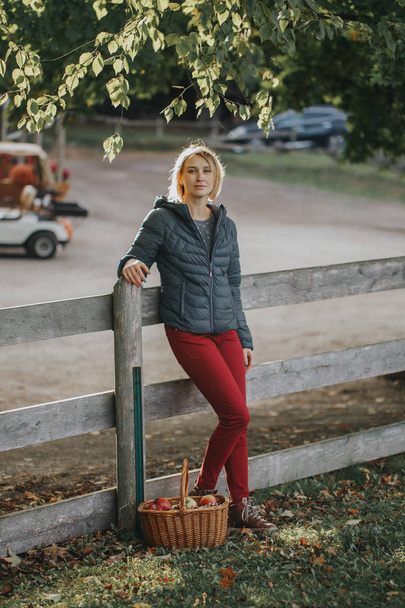 Portrait of beautiful middle age Caucasian blonde woman with short hair standing by wooden fence on farm with wicker basket. Person gather harvest picking apples. Seasonal activity hobby. - Foto, afbeelding