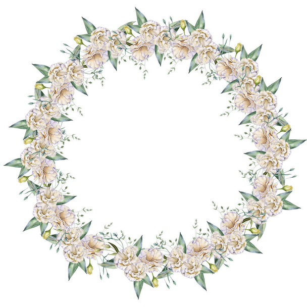 Frame of white roses. Eustoma. Isolated on a white background.  - Photo, Image