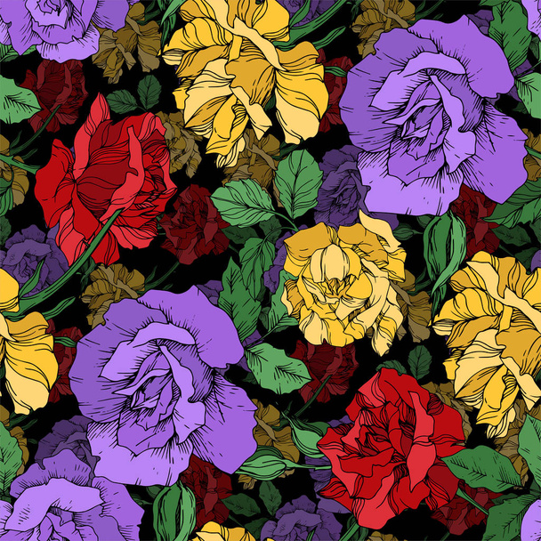 Vector rose floral botanical flowers. Black and white engraved ink art. Seamless background pattern. - Вектор,изображение