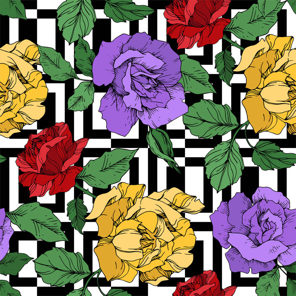 Vector rose floral botanical flowers. Black and white engraved ink art. Seamless background pattern. - Vetor, Imagem