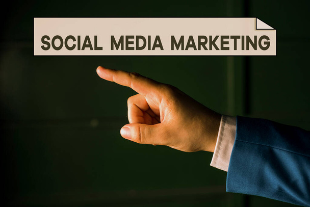 Writing note showing Social Media Marketing. Business photo showcasing use of Website and Network to promote Product Service Isolated hand pointing with finger. Business concept pointing finger. - Fotoğraf, Görsel