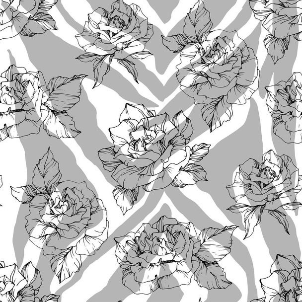 Vector Exotic Zebra print with botanical flowers. Black and white engraved ink art. Seamless background pattern. - Vecteur, image