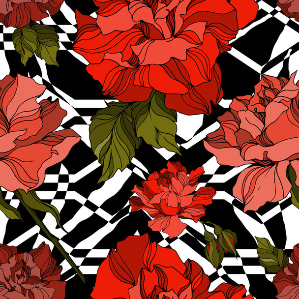 Vector Exotic Zebra print with botanical flowers. Black and white engraved ink art. Seamless background pattern. - Vector, imagen