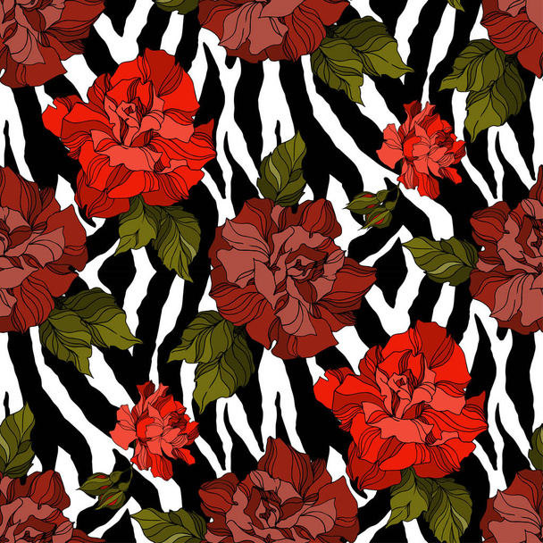 Vector Exotic Zebra print with botanical flowers. Black and white engraved ink art. Seamless background pattern. - Vector, Image