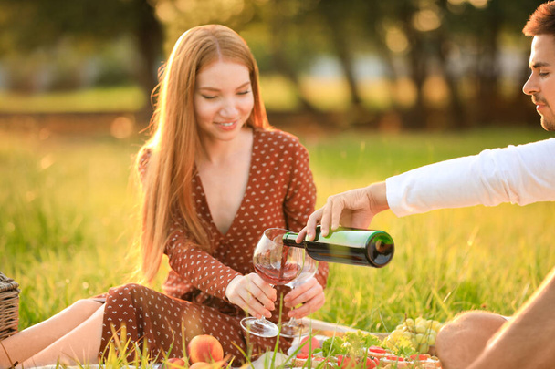 Young man and his girlfriend having picnic in green park - Φωτογραφία, εικόνα