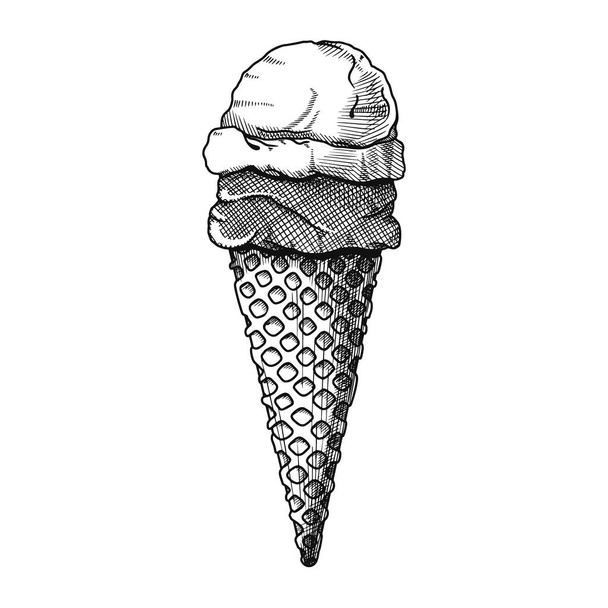 Realistic sketch in a waffle cone. Vector illustration - Vetor, Imagem
